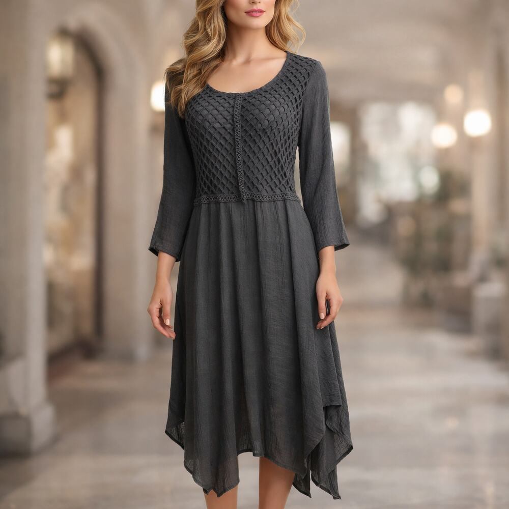 Monoreno Crochet Handkerchief Hem Midi Dress L Gray Boho Fairycore Whimsigoth